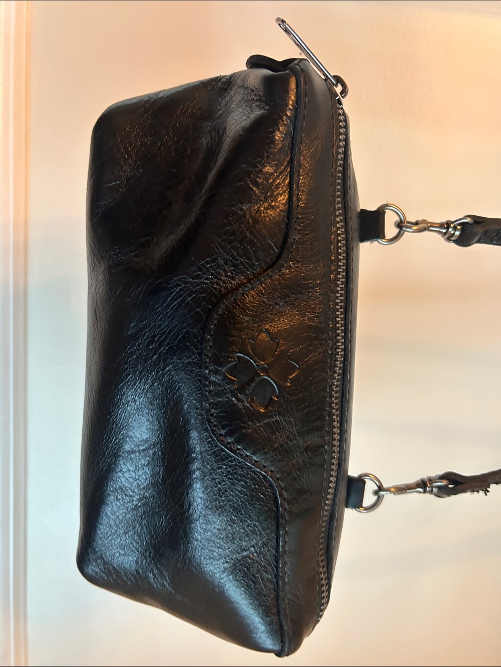 Patricia Nash Black Leather Crossbody with Embossed Floral Detail